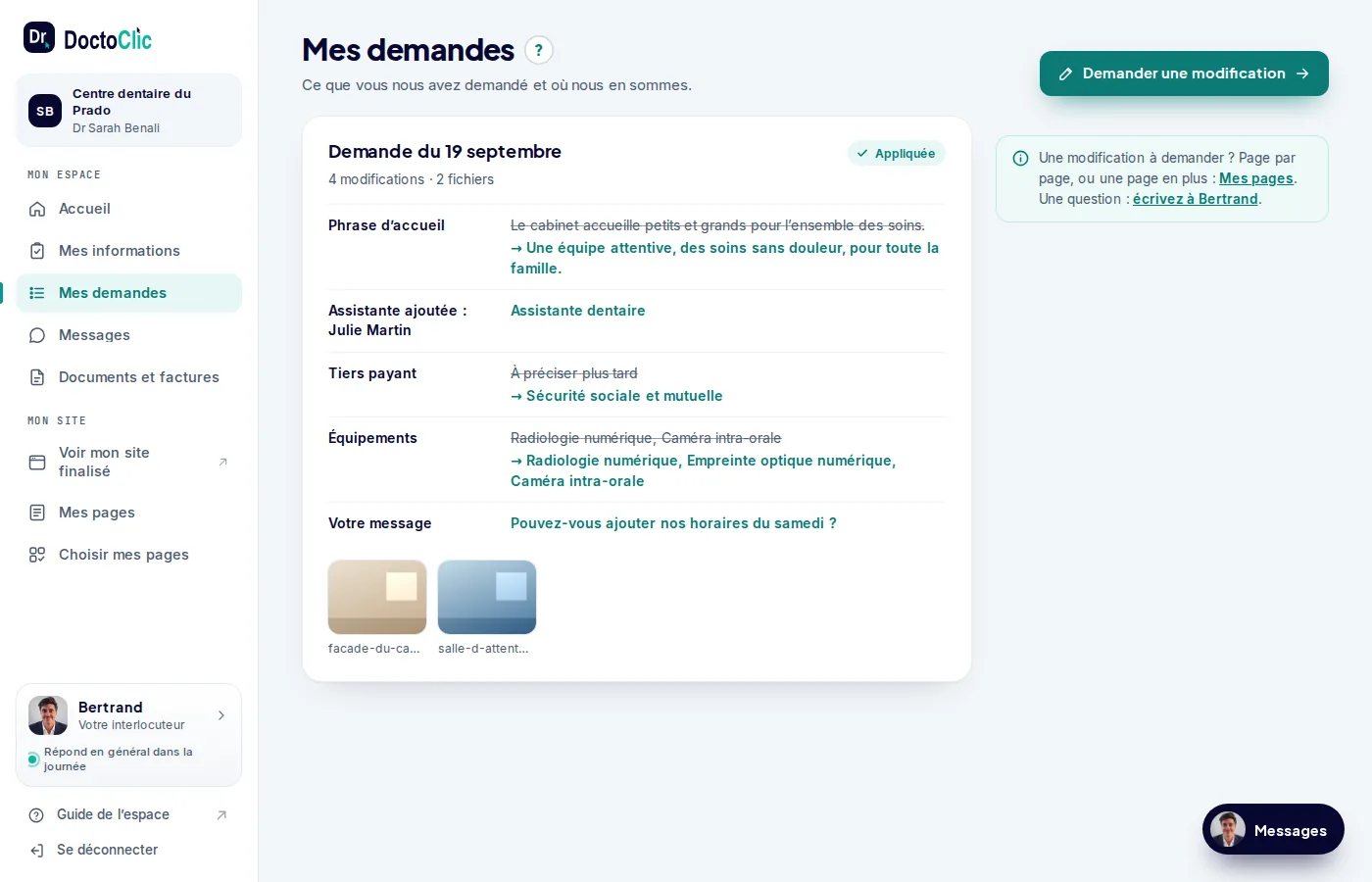 Liste des demandes de modification, chacune avec sa date et son état