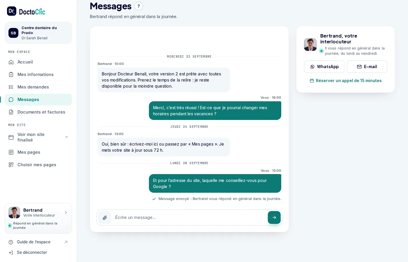 Conversation entre le cabinet et Bertrand dans la messagerie de l’espace