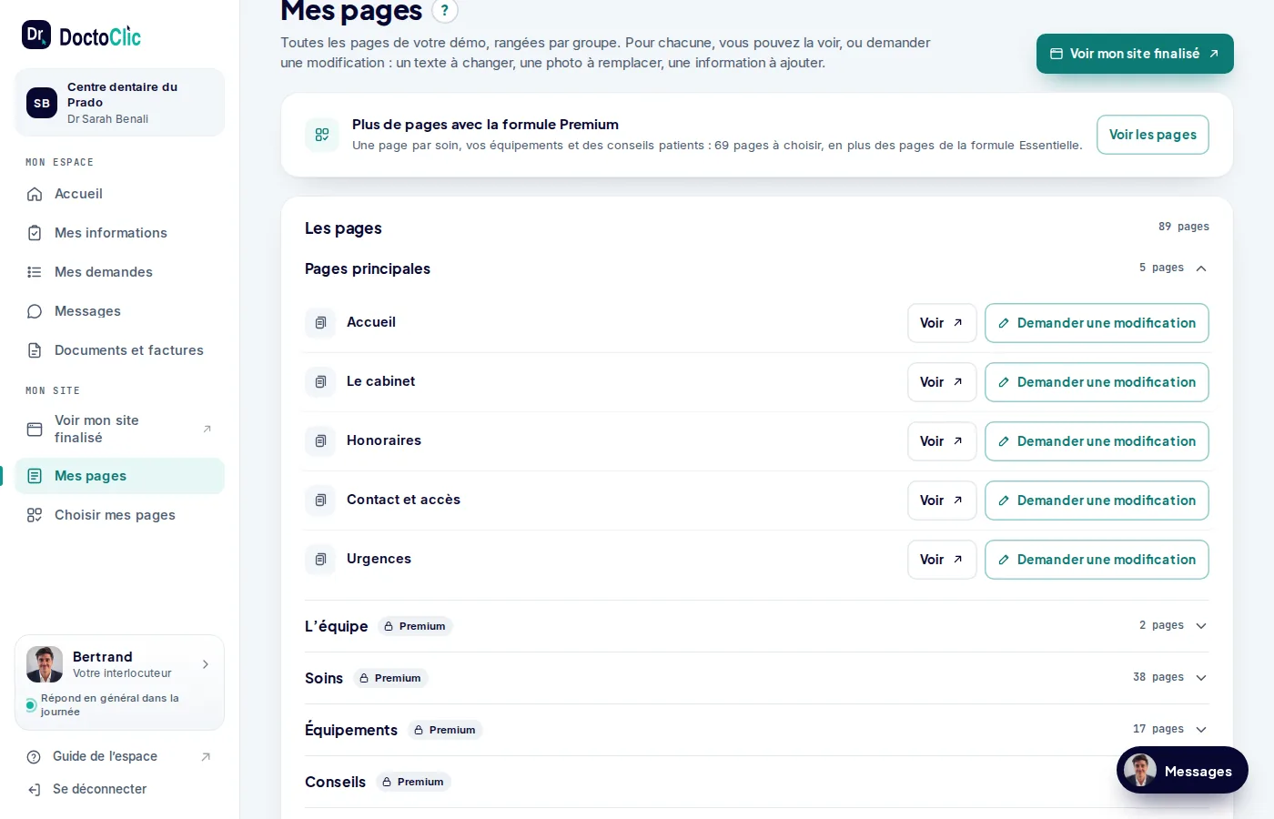 Liste des pages du site, chacune avec les boutons Voir et Demander une modification