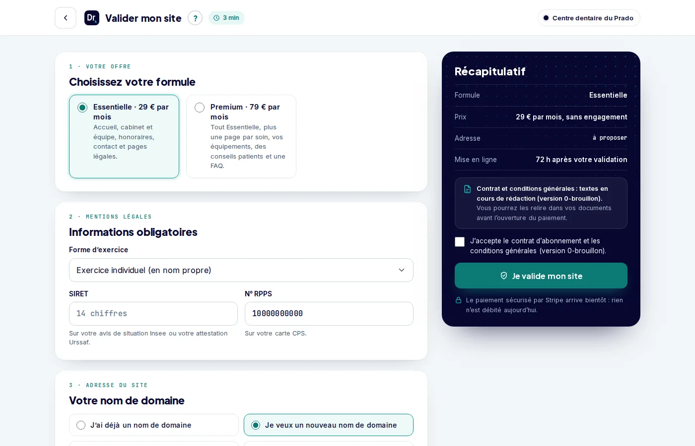 Écran de validation : choix de la formule, puis informations légales
