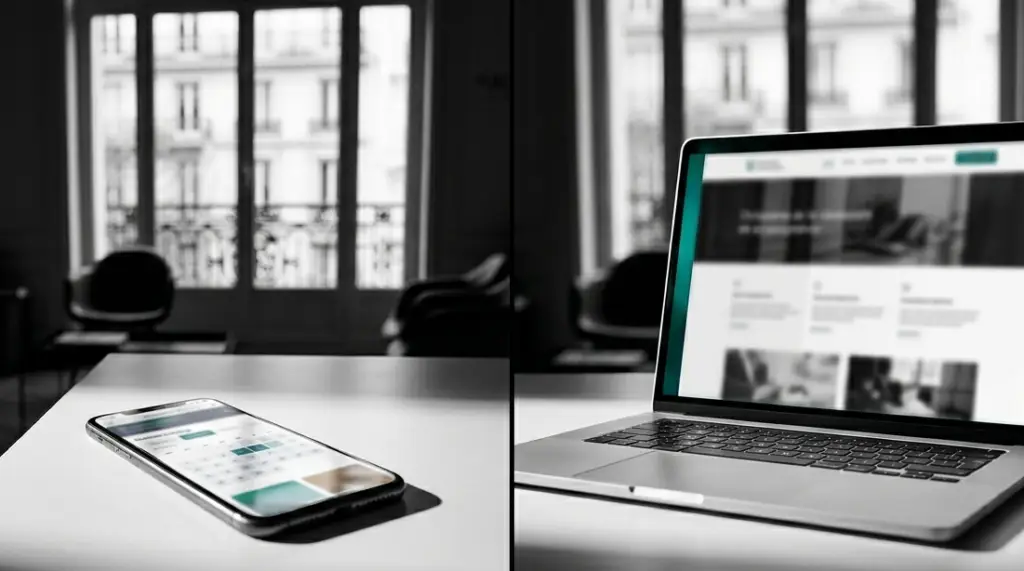 Smartphone avec prise de rendez-vous Doctolib et laptop avec site internet de cabinet dentaire — deux outils complémentaires