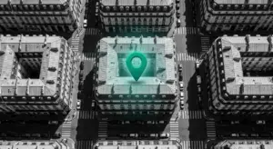 Vue aérienne d'un quartier français avec un marqueur de localisation — SEO local pour cabinet dentaire et visibilité sur Google